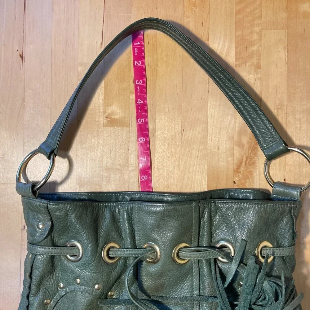 Vintage Y2K Bulga Green Leather Studded Hobo Bag Drawstring Tassel Purse
